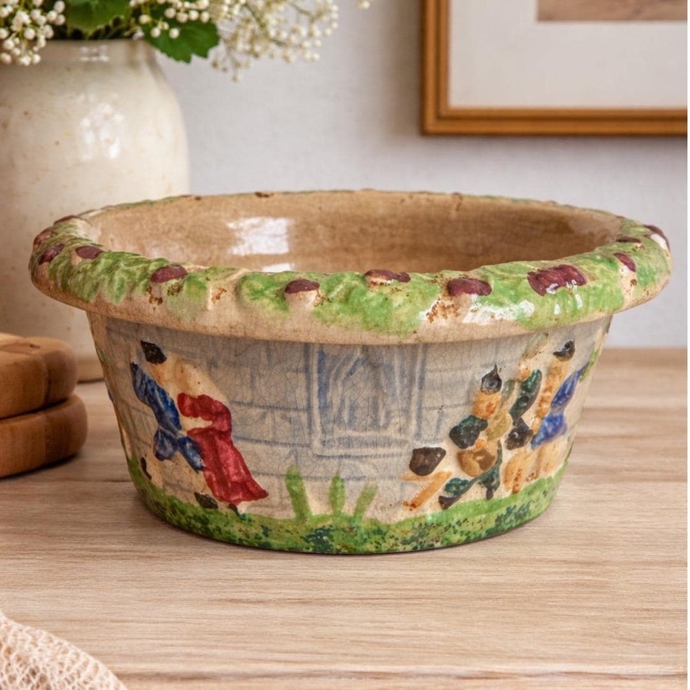 Japan‎ Majolica Style Bowl Hand Painted 8" Ceramic Crazing Rustic